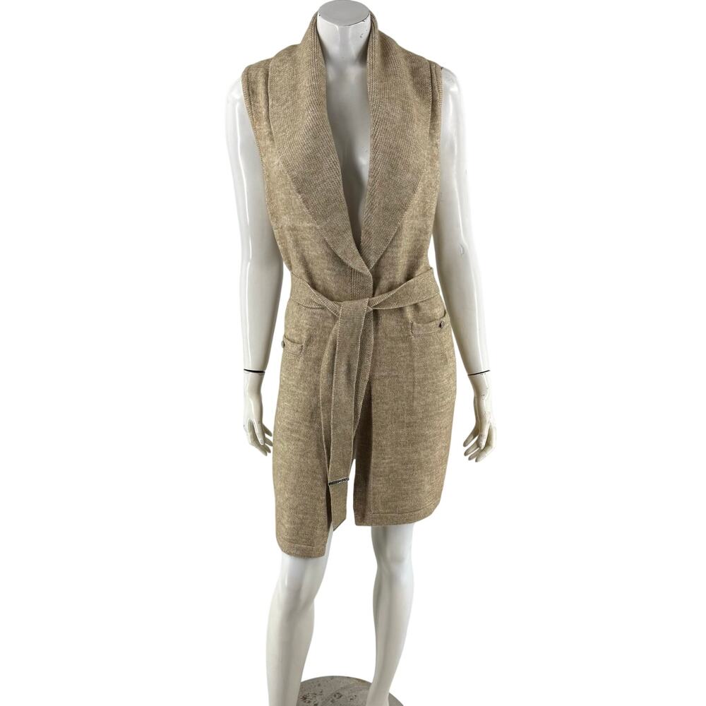 White House Black Market Sweater Duster Size Small Tan Sleeveless Belted Pockets